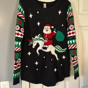 Santa riding unicorn ugly Christmas/Holiday sweater with working LED lights